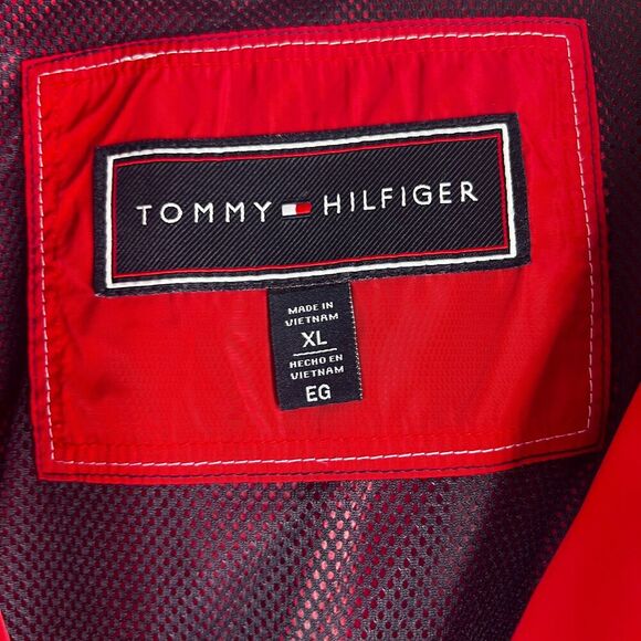 Tommy Hilfiger Logo Red Hooded Drawstring Waist Windbreaker Full Zip Size XL - Picture 10 of 13